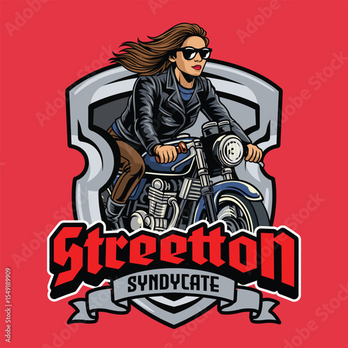 A beautiful woman wearing sunglasses riding a black retro cafe racer motorcycle emblem badge cartoon illustration