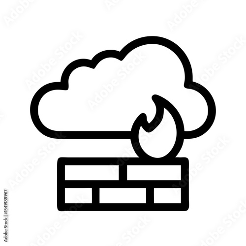 Black and white icon of a cloud above a firewall with flame, symbolizing cloud-based security and online threat prevention systems.
