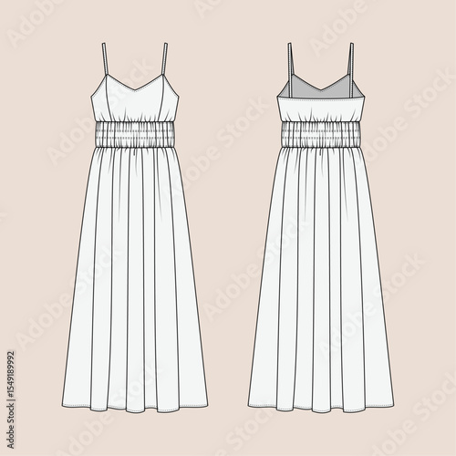 Women's Dress, Front and Back View Vector Fashion Illustration , CAD, Technical Drawing, Flat Drawing.