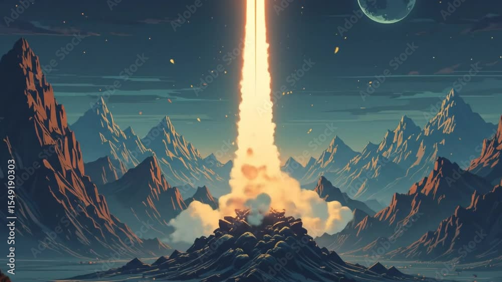 Classic Sci-Fi Rocket Launch Over Pixel Mountains at Night. 4k video