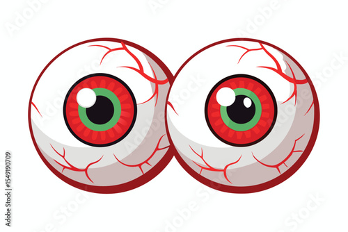 Two cartoon eyes with exaggerated red blood vessels and vibrant green pupils.