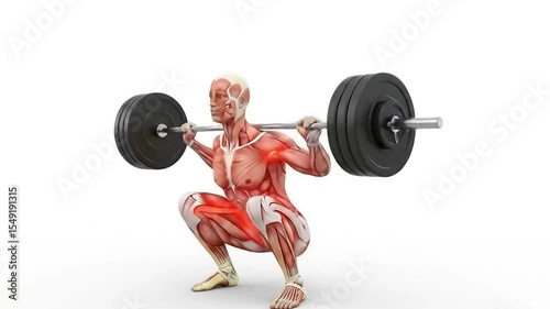 Anatomical Animation: Weightlifter Squatting with Barbell, Muscle Strain and Injury Highlighted