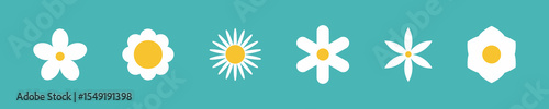 Flower icon set. Retro spring summer white flower design vector. Camomile. Cute round flower plant collection isolated on white background.