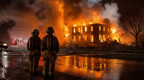 Bravery in the Blaze: Two firefighters stand against a raging inferno, a testament to their courage and dedication as they confront the devastating scene.