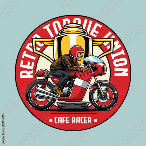 Masculine Man wearing open face crash helmet riding a red retro cafe racer motorcycle from side view emblem cartoon illustration