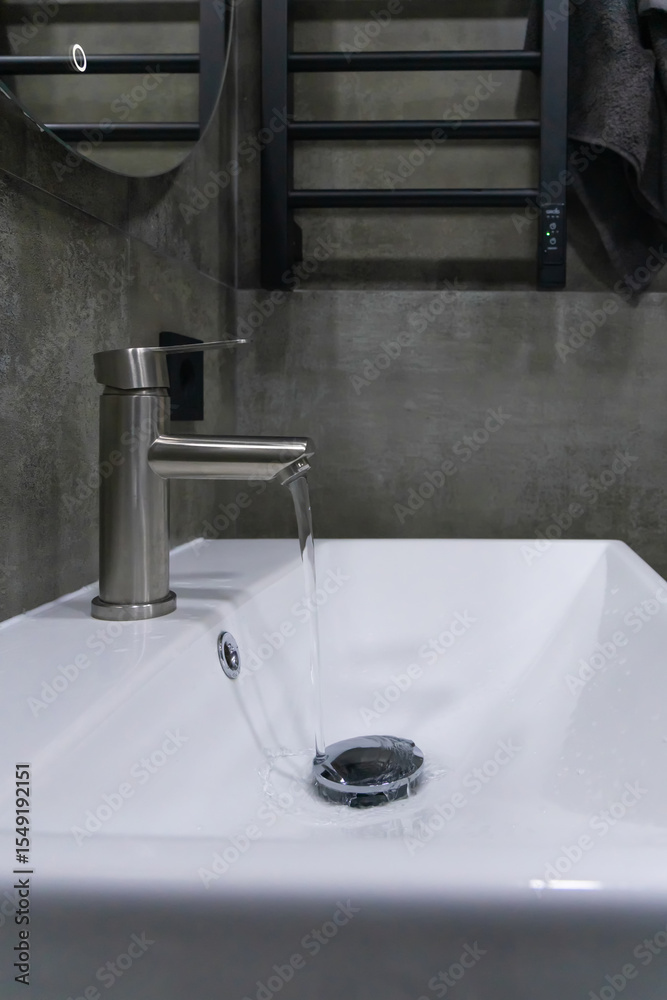 Fototapeta premium Close-up view of a modern bathroom sink featuring a stainless steel faucet, white ceramic basin, and a textured concrete wall, creating a stylish and minimalist atmosphere. Vertical photo