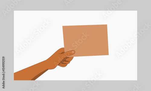 Illustration of a hand holding a blank rectangular paper on a white background, perfect for customizable content, messages, or digital presentations.