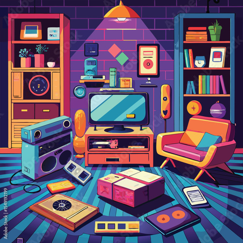Room interior filled with cassette tapes, old gaming consoles, posters, CRT TV, bean bag, and lava lamp, flat retro vector design.eps