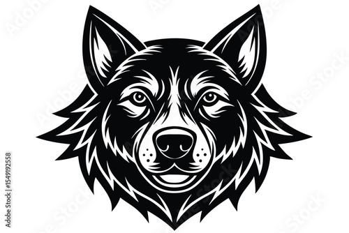Cartoon dog head displays pointy ears and an appealing friendly expression in its symmetrical face