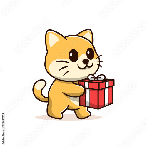 cat carrying birthday gift box cartoon