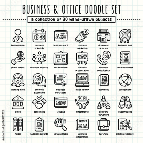 Business and office hand-drawn doodle art illustrations and elements. felt-tip pen marker style on grid paper, great for various creative design uses.