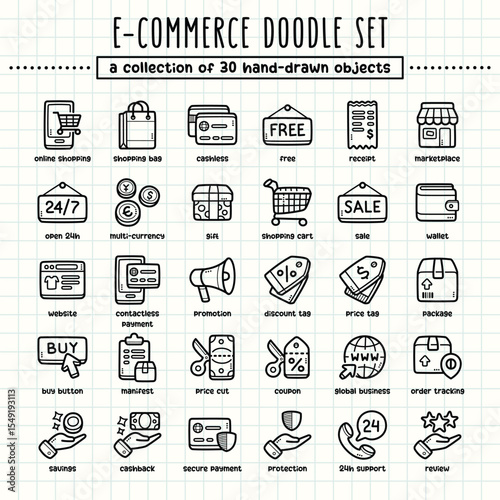 E-commerce hand-drawn doodle art illustrations and elements. felt-tip pen marker style on grid paper, great for various creative design uses.