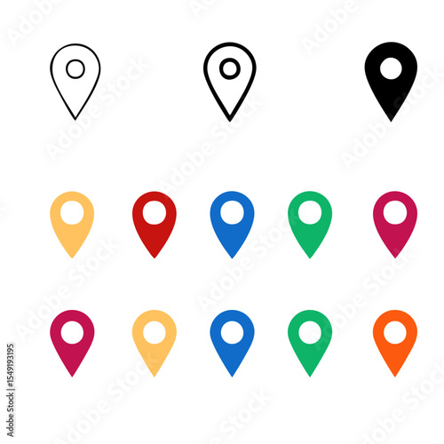 Location Icon Set – Map Pin Icons in Outline, Black, and Red Styles for Navigation and GPS Interfaces