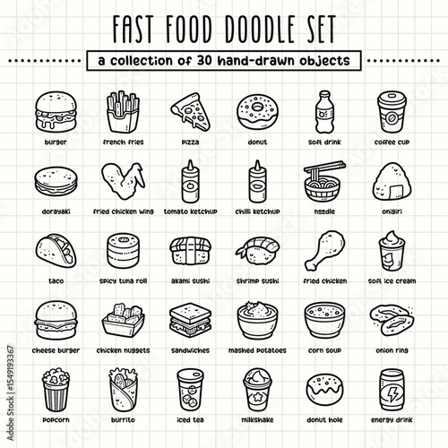 Fast food hand-drawn doodle art illustrations and elements. felt-tip pen marker style on grid paper, great for various creative design uses.
