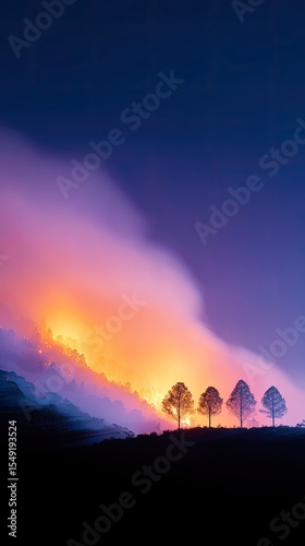 Silhouetted Trees Against a Fiery Night Sky