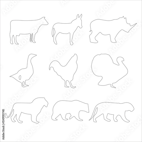 Minimalist Animal Silhouettes – Black and White Line Art Vector Illustration of Domestic and Wild Creatures

