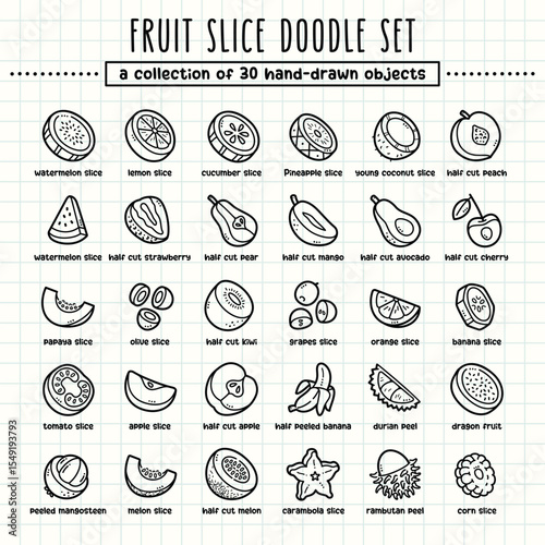 Fruit slice hand-drawn doodle art illustrations and elements. felt-tip pen marker style on grid paper, great for various creative design uses.