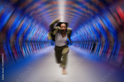 Businesswoman running with urgency in a futuristic tunnel