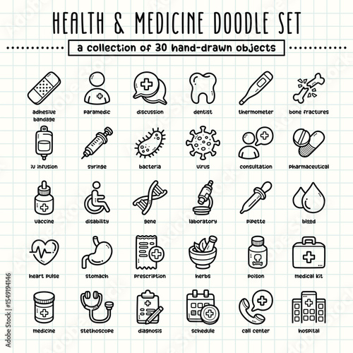 Health and medicine hand-drawn doodle art illustrations and elements. felt-tip pen marker style on grid paper, great for various creative design uses.
