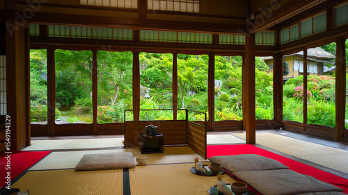 raditional Japanese Tea Room with Garden View in Kyoto