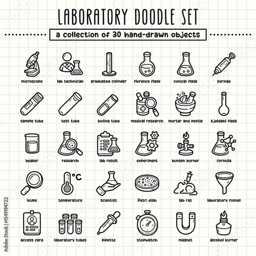 Laboratory hand-drawn doodle art illustrations and elements. felt-tip pen marker style on grid paper, great for various creative design uses.