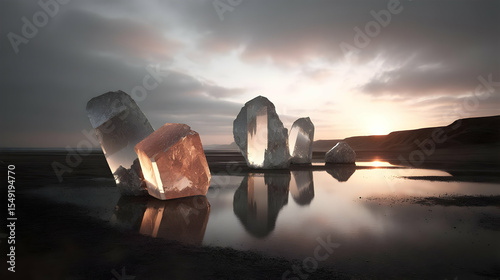with giant shards reflecting distorted sky and glowing liquid ground
