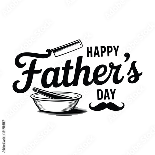 Happy fathers day greeting with barbershop elements featuring mustache shaving bowl and razor