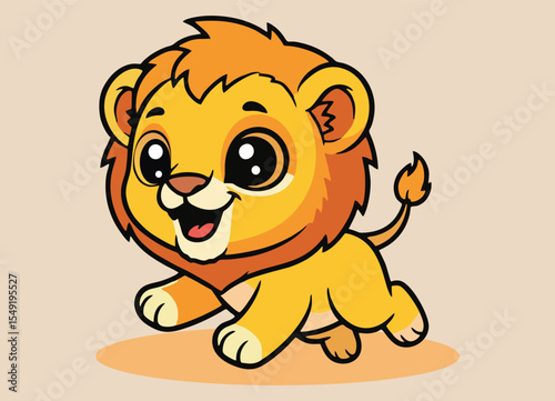 cute little lion with big eyes  running and and smiling happy