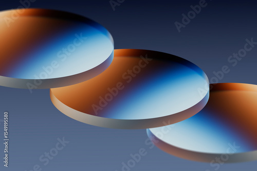 3D rendering of circular glass shapes with gradient patterns and refraction effects