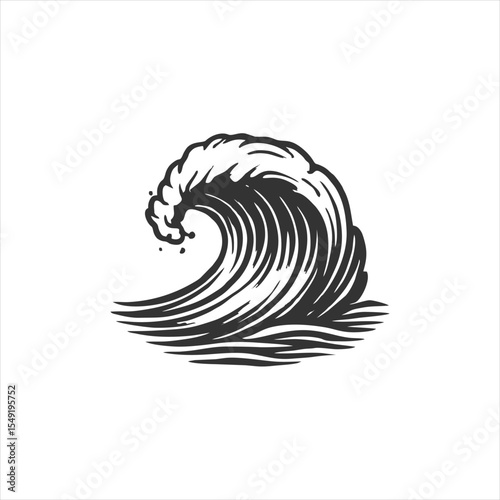 Striking Black  White Ocean Wave Illustration: Vintage Sea Crest Design