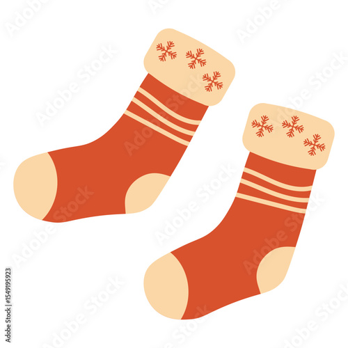 Vector illustration of coral-colored Christmas socks decorated with snowflakes. Cozy festive winter wear Flat style, perfect for holiday designs, decorations, and seasonal graphics.

