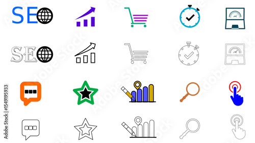 Colorful Marketing and SEO Vector Icons Set – Analytics, Shopping, Star, Click, Magnifier