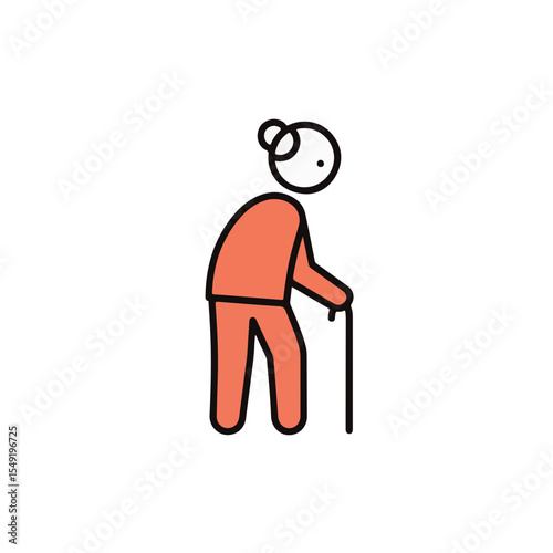 Elderly woman using walking stick and depicted by line art