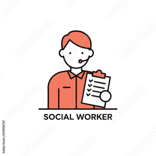 A social worker holding a clipboard and wearing a headset.