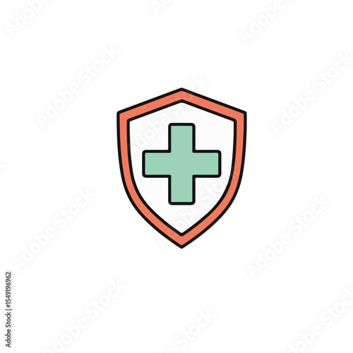 A health and safety icon featuring a shield and a medical cross.