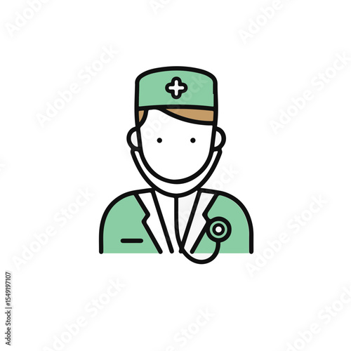A medical professional, wearing a green uniform and stethoscope, ready to assist patient.