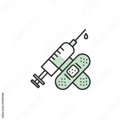 Illustration of a syringe with a bandage, representing vaccination and medical care.