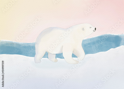 Watercolor illustration of a polar bear in an arctic landscape