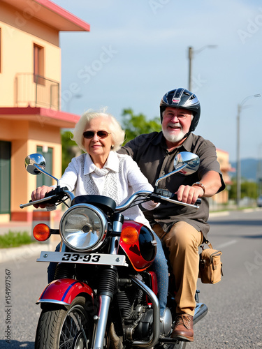 grandma and grandpa riding a motorcycle