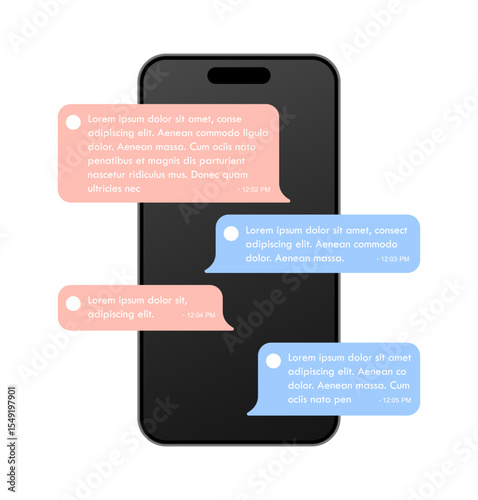 Messaging app chat bubble illustration on smartphone screen. Chatting conversation black display mobile phone vector