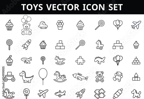 Toys & Childhood Vector Icon Set | Teddy Bear, Blocks, Dinosaur, Playtime, Adjustable Line Icons