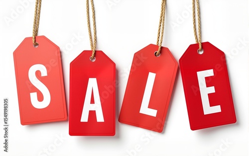 Red sale labels. Various paper discount price tags with ropes, shopping promotion pricing sign, special deal hanging label mockup  set. Big summer sale, best seller, premium quality. High quality