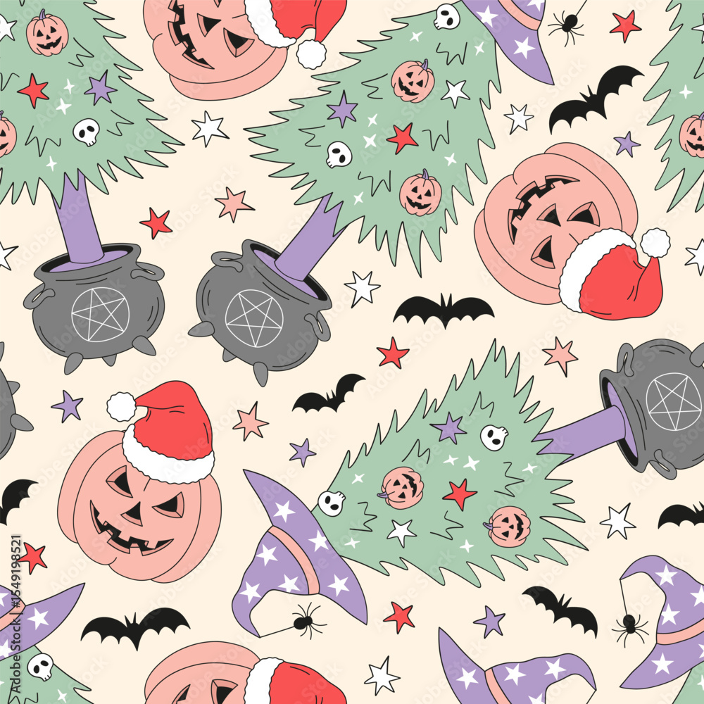 Naklejka premium Spooky Retro Christmas vector seamless Pattern with Pumpkin Jack-o-Lanterns in Santa hat, Witchy Trees in Cauldrons with Pentagrams. A perfect blend of Halloween and Christmas vibes for holiday