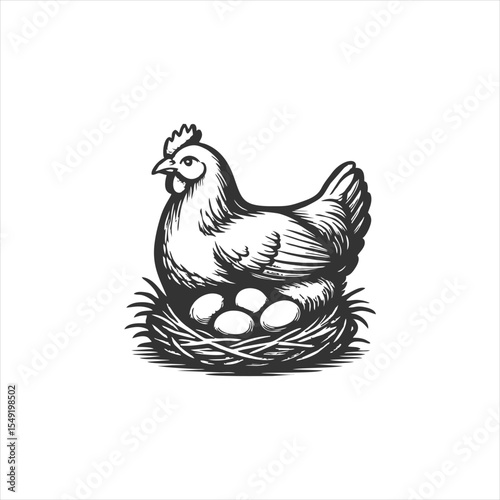Brooding Hen in Nest with Eggs - Farm Fresh Vintage Illustration