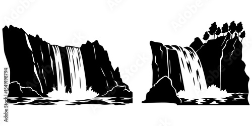 Set of waterfall  full black silhouette vector illustration design