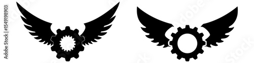 Set of winged gear full black silhouette vector illustration design