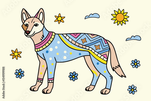 A playful cartoon gray wolf stands by a pond among flowers, sun, and clouds