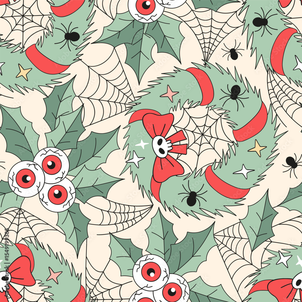Fototapeta premium Whimsical Spooky Christmas Wreath with Skulls, Eyeball Holly Berry, Cobwebs, and Spiders vector Seamless Pattern. Perfect for Halloween meets Christmas projects like fabric prints, packaging