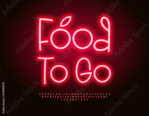 Vector Glowing Promo Food To Go. Neon Red Font. Trendy Led Light Playful Alphabet Letters and Numbers set.