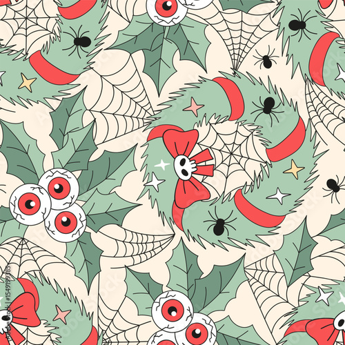 Whimsical Spooky Christmas Wreath with Skulls, Eyeball Holly Berry, Cobwebs, and Spiders vector Seamless Pattern. Perfect for Halloween meets Christmas projects like fabric prints, packaging